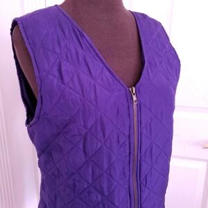 Vintage SILK Purple Quilted Vest Womens Medium Zip Diamond Stitch V-Neck Spring